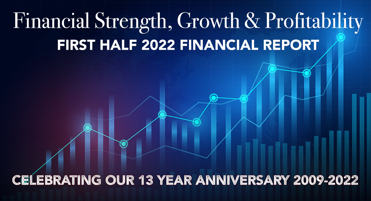 Financial Strength, Growth & Profitability; First half 2022 Financial Report; Celebrating our 13 Year anniversary 2009-2022